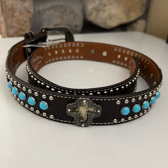 Turquoise accent Leather Belt Size 34 - Picture 4 of 14